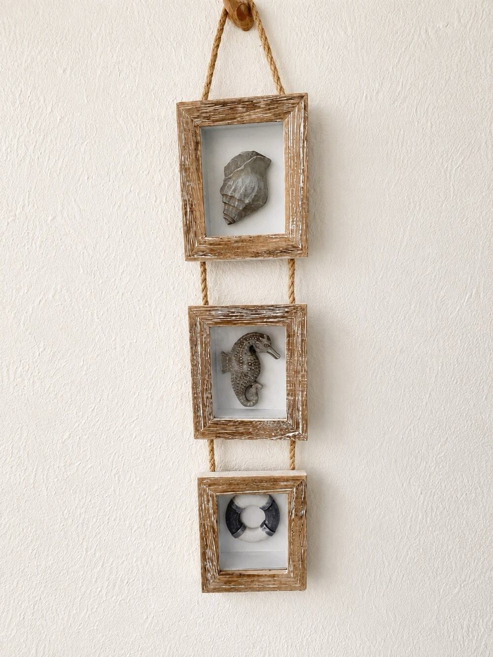 Nautical Coastal 3 Tier Hanging Wall Decor Seahorse Shell Wood Rope Beach House